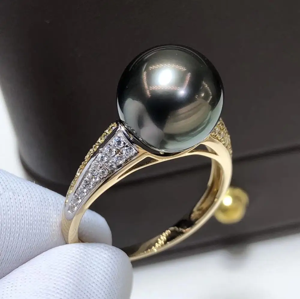 

D417 Pearl Ring Fine Jewelry Solid 14K Gold Natural Round 10-11mm Ocean Sea Water Tahiti Black Pearls Rings for Women Presents