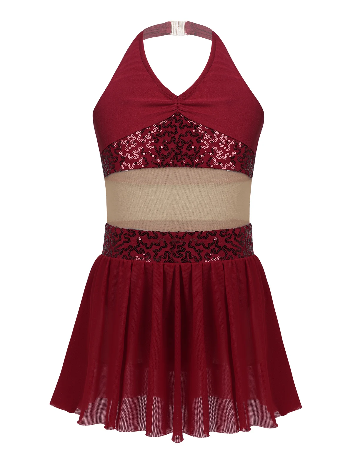 ChicTry Girls Halter Sequin Mesh Stretchy Figure Skating Dress Gymnastics Ballet Leotard Kids Performance Lyrical Dance Costumes