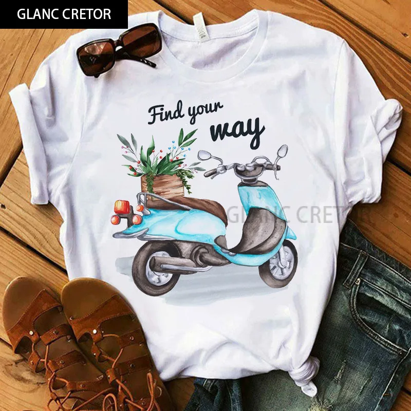 

Casual Short Sleeve O Neck T shirt Cool Cartoon Motorcycle Printed Summer Casual Women T shirts Fashion Ladies Shirt Tops_T-Shir