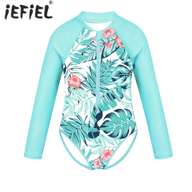 Цельный купальник для девочек с длинными рукавами и цветочным принтом на молнии