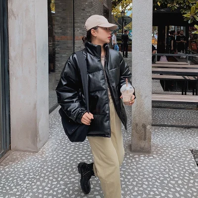 2022 Winter Women's Down Jacket Red Winter Coat Ladies PU Leather Down Feminino Loose Casual Loose Blak Outwear Woman Jacket