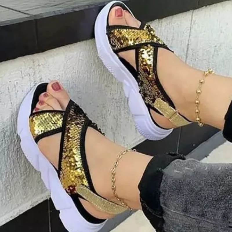 

Summer New Fashion Women's Sandals 2021 Cross Open Toe Sequins Velcro Roman Flat Sandals Women Platform Casual Sport Sandals