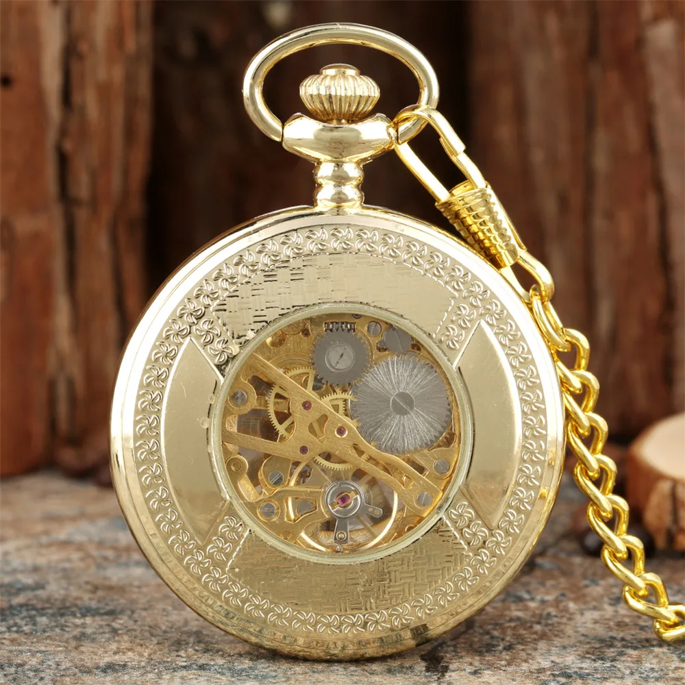Black/Silver/Gold Hollow Wheel Pattern Mechanical Hand Winding Pocket Watch Vintage Pendant Clock Gifts Pocket Chain Timepiece