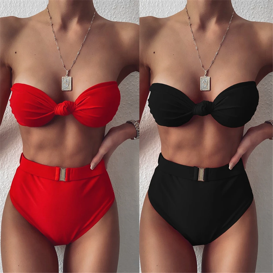 

High Waist Bikini 2020 Sexy Bandeau Swimwear Women Solid Off Shoulder Biquini New Ruched Swimsuit Feamle New Strap Bathers
