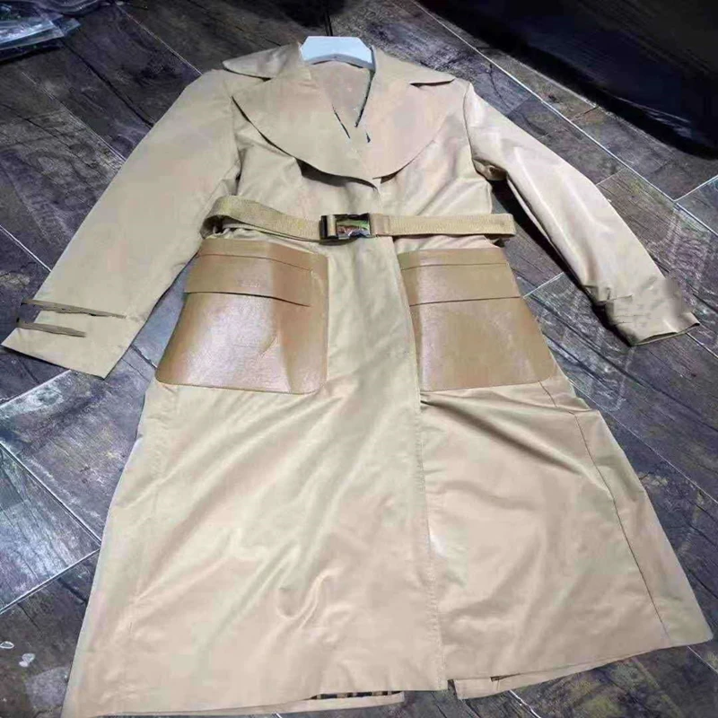 

2020 autumn and winter new suit lapel waist long windbreaker coat high quality fashion women letter metal belt buckle overcoat