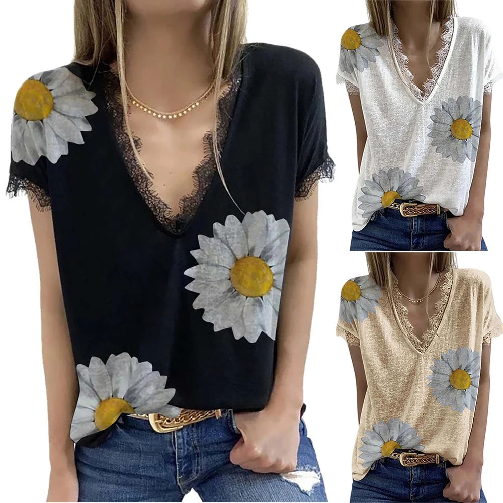 

Summer T Shirt Short Sleeve Pullover Floral Print V Neck Tops for Women Casual Tees Loose T Shirt Female Women Tops