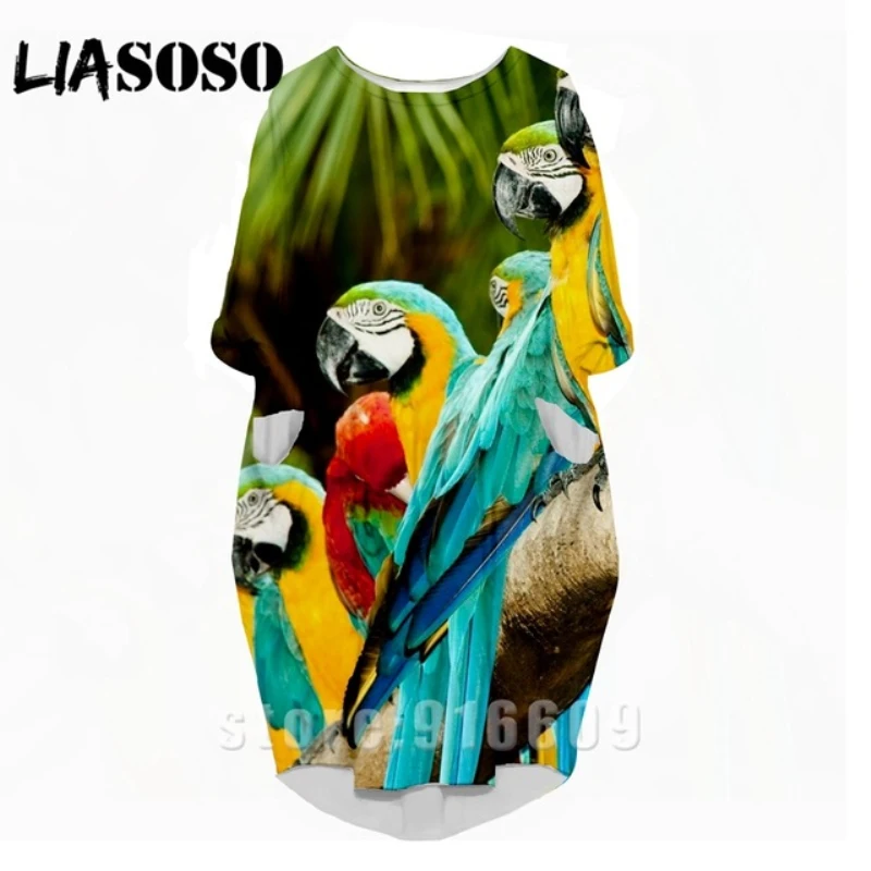 

LIASOSO 3D Print Fashion Funny Shirt Rock New Harajuku Animal Bird Parrot Women Anime Gown Lady Girl Party Long-sleeved Dress