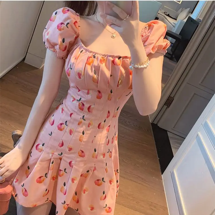 

Japanese Style Pink Elegant Kawaii Dress Ladies Floral Cherry Mini Dress Women Casual Korean Sweet Suspender Dress Women 2021