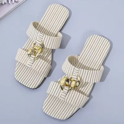 

2021 summer new slippers sandals striped metal buckle flat casual slippers women