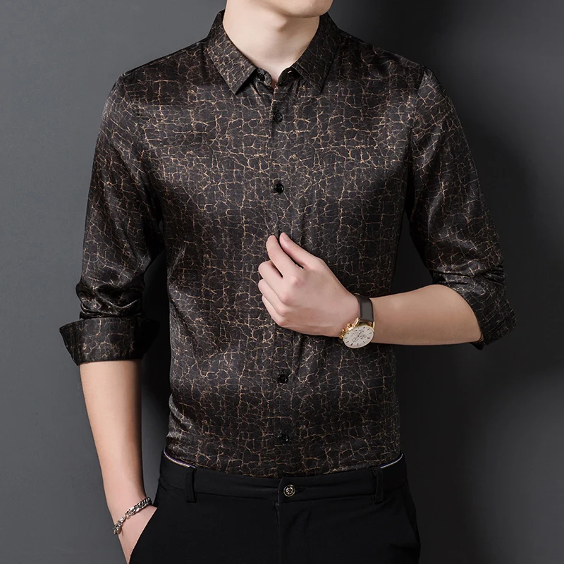 

2021 Spring Vintage Real Silk Elegant Mens Shirts With Printed Offcial Gentleman Dress Shirts Classic Husband Satin Cozy Summer