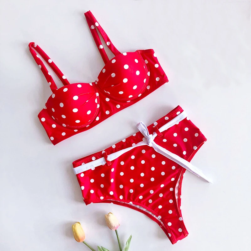

Swimwear Women High Waist Two Piece Bikini Ladies Sexy Wave Print Dot Separate Swimsuit Beachwear Bathing Suit Biquinis Feminino