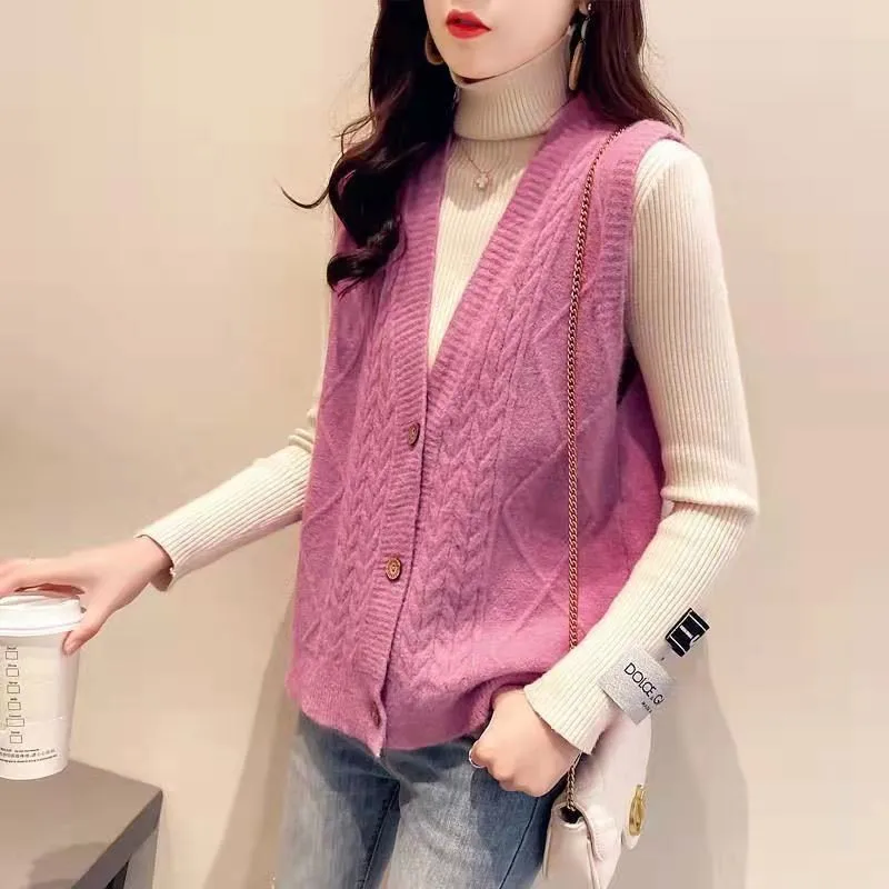 

Autumn New Korean Style V Neck Vest Casual Sleeveless Jacket Women Knitted Vest Loose Outwear Oversized Waistcoat Sweater Vest
