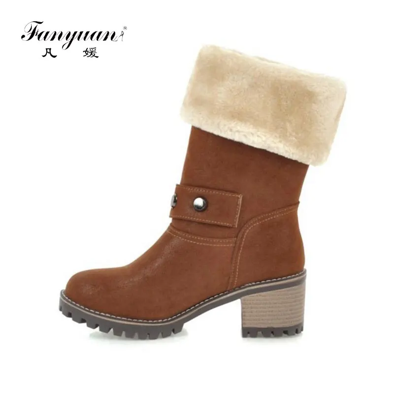 

fanyuan Size 34-43 Women High Heels Boots Rivets Thick Fur Winter Woman Shoes Thick Heels Warm Fashion Ladies Mid Calf Boots