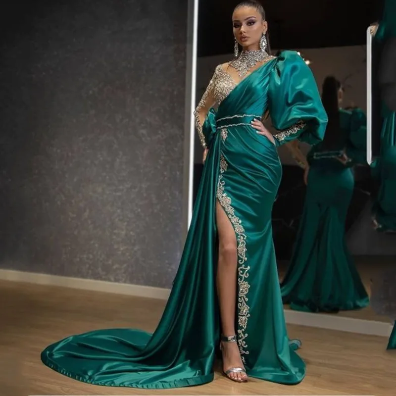 

Gorgeous Teal Long Sleeves High Slit Neck Heavy Beading Crystals New Women Evening Dresses Gowns