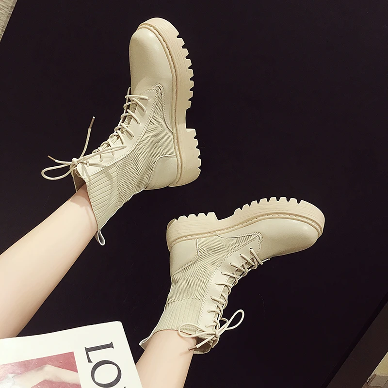 

LLOGAI Ankle Boots for Women Autumn Motorcycle Boots Thick Heel Platform Shoes Woman Slip on Round Toe Fashion Martin Boots