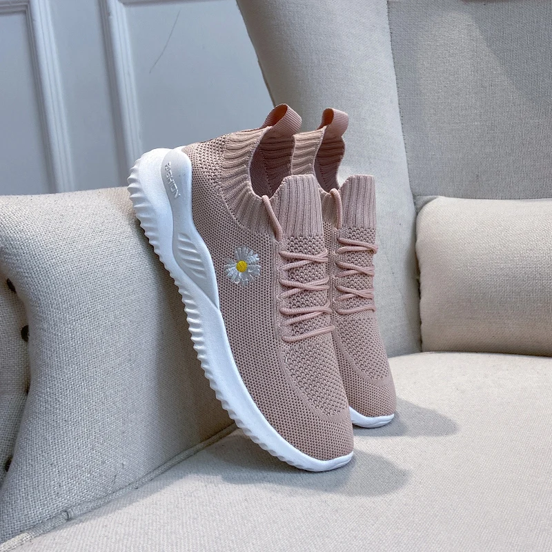 Womens Sneakers Leisure Fashion Embroidery Sock Shoes Lightweight Breathable Mesh Running White | Спорт и развлечения