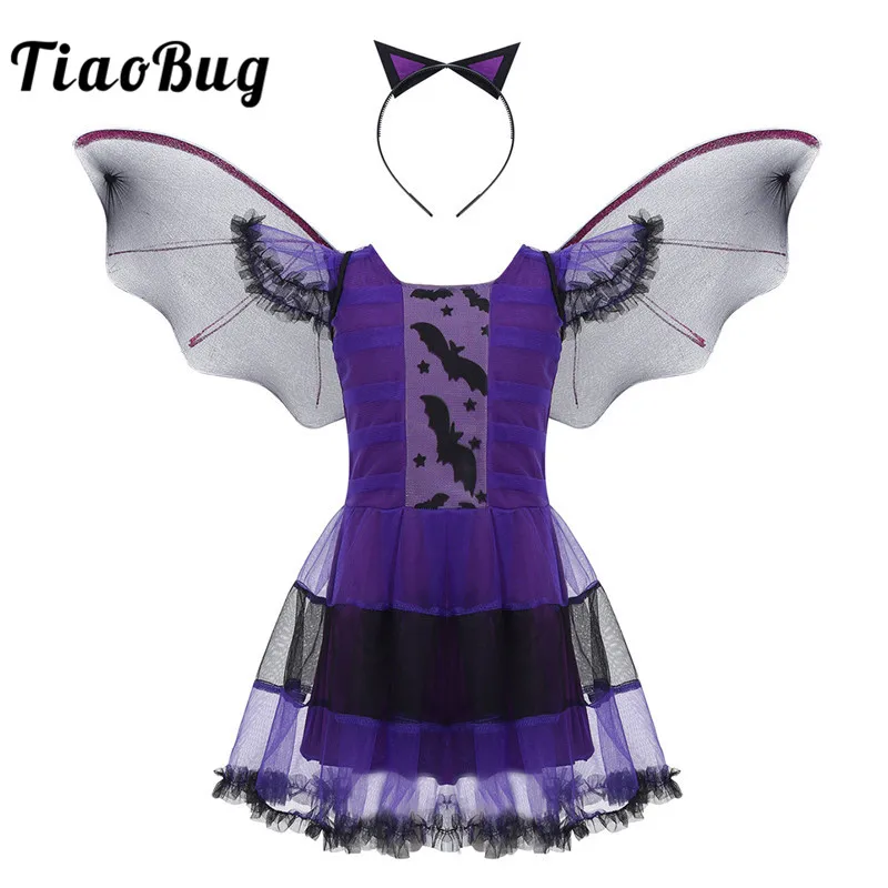 

TiaoBug Kids Purple Bat Witch Costume Cosplay Theme Party Girls Halloween Dress with Devil Wings Headband Set Roleplay Outfit