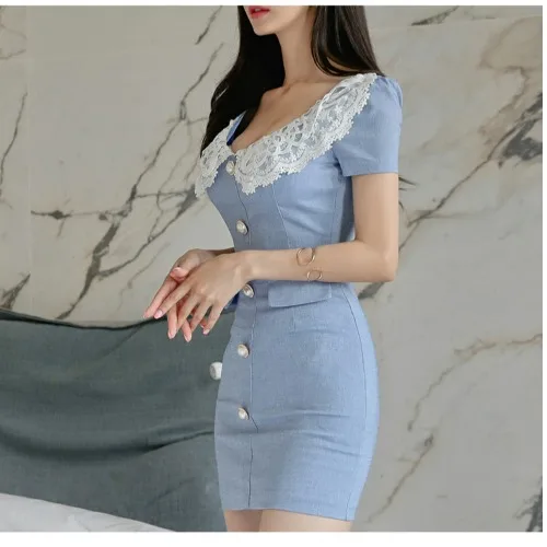 

Short Sleeve Bandage Dress Button Lace Peter Pan Collar Sexy Casual Elegant 2020 Summer Sweet Blue Women Plus Size Mini Dresses