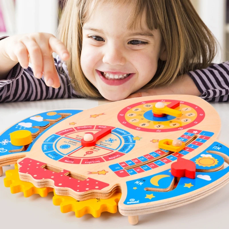

Rocket Wooden Board with Clock Season Time for Baby Learning Crawling & Exploring Brain Game Interactive Busy Board Toys 97BC