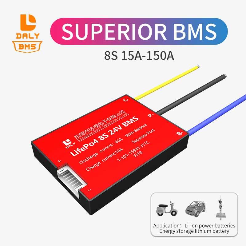 

Daly BMS lithium battery pack seperate port with balance 8s bms lifepo4 24V 15A 20A 30A 40A 50A 60A 80A 100A 120A 150A for solar