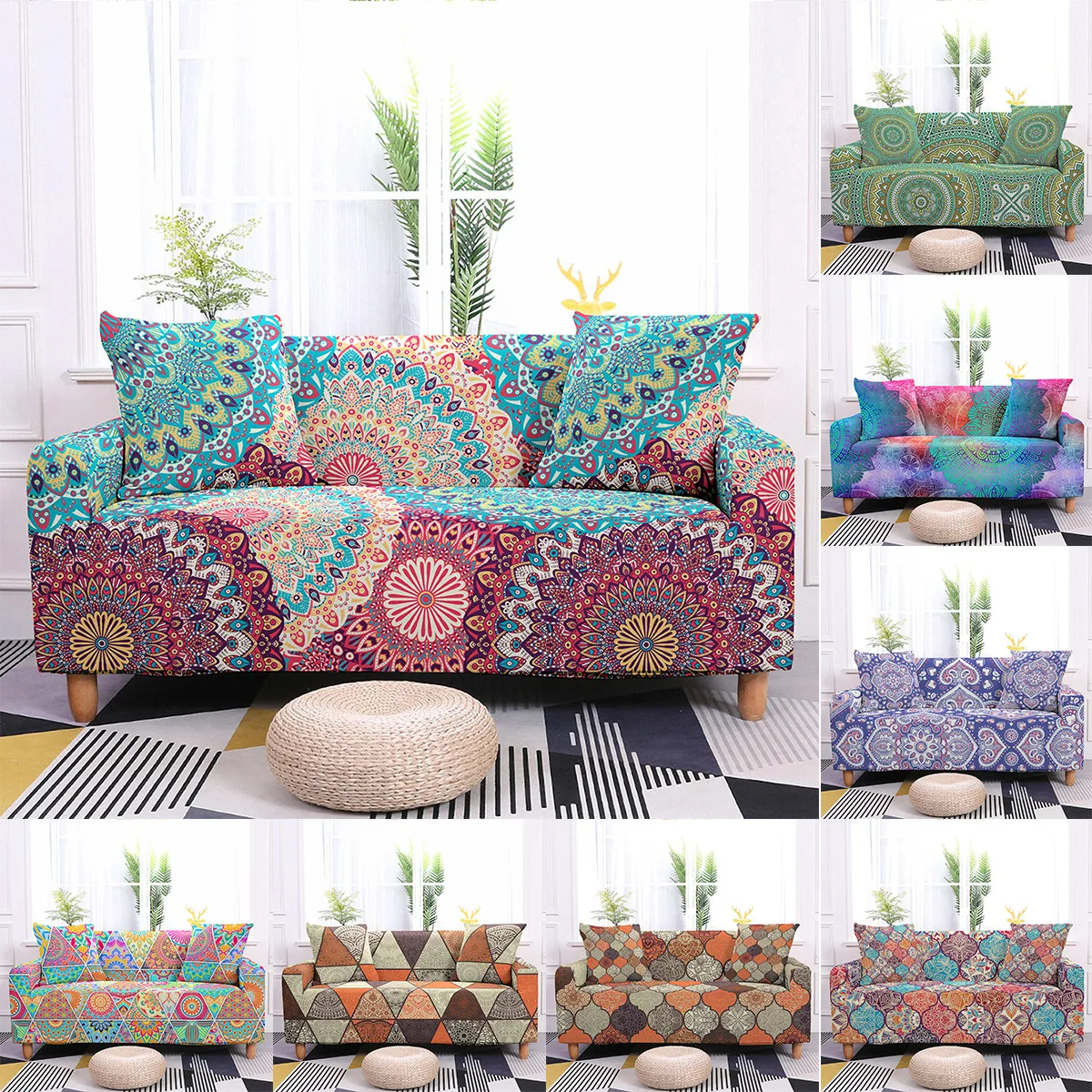 

Mandala Elastic Sectional Corner Sofa Cover for All Seasons Stretch Slipcover Chair Couch Cover Home Decor 1/2/3/4-seater