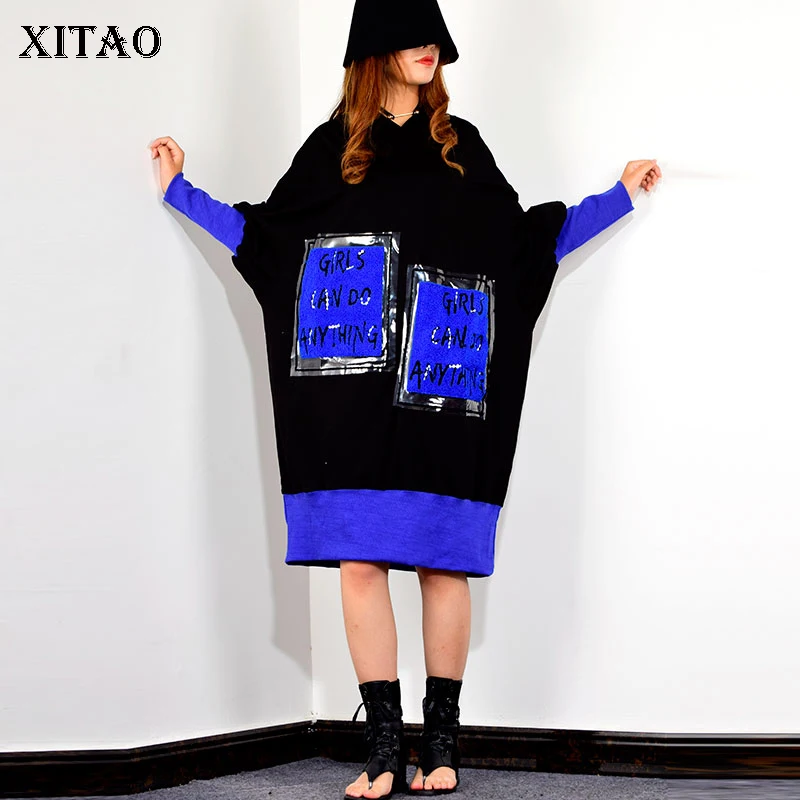 XITAO Tide письмо карман платье средней длины в стиле пэчворк рукав летучая мышь