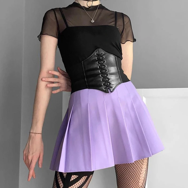 

Waatfaak Bandage Faxu Leather Black Corset Female Gothic Strenchy Patchwork Belt Women Streetwear Punk Sexy Lace Up Summer 2021