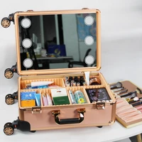 professional hairdressing makeup case with lights and mirror pink women cosmetic barber hand suitcase wheels trolly tool box
