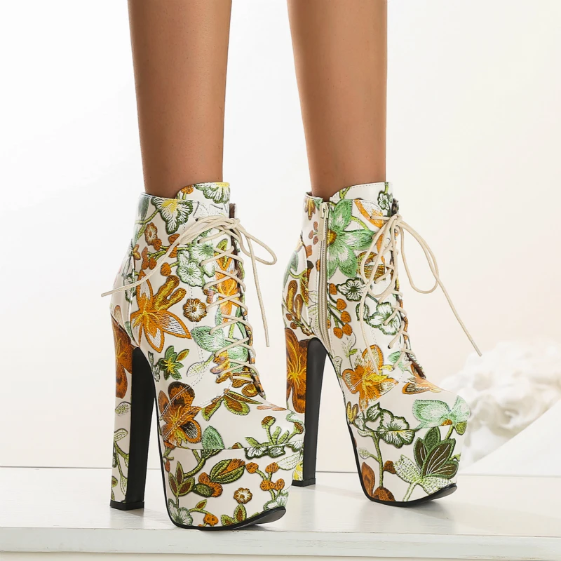 Ботильоны женские с цветочным принтом высокий каблук 17 см на шнуровке пикантная