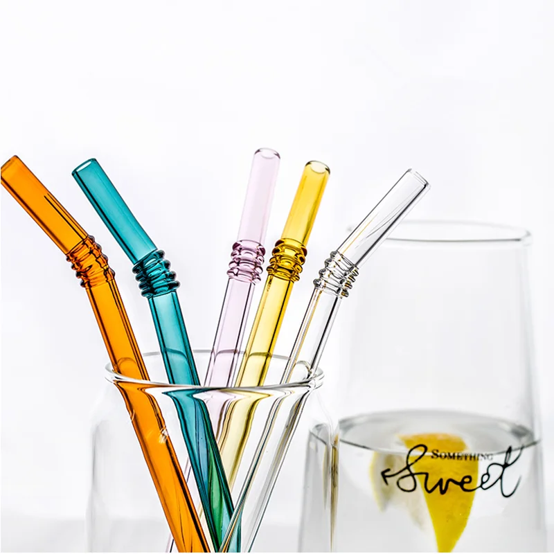 Стекло соломинкой многоразовые 5 шт./компл. Colorled Стекло соломы Чай молоко сок соломенная шляпа с мешок коробка изогнутые Стекло набор соломинок