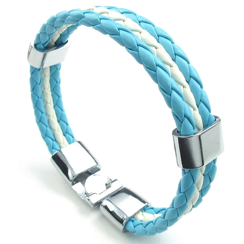 

Blue Leather Bracelet White Flag of Argentina Alloy Bracelet Braided Bracelet length 21.5 cm, with a Velvet Pouch