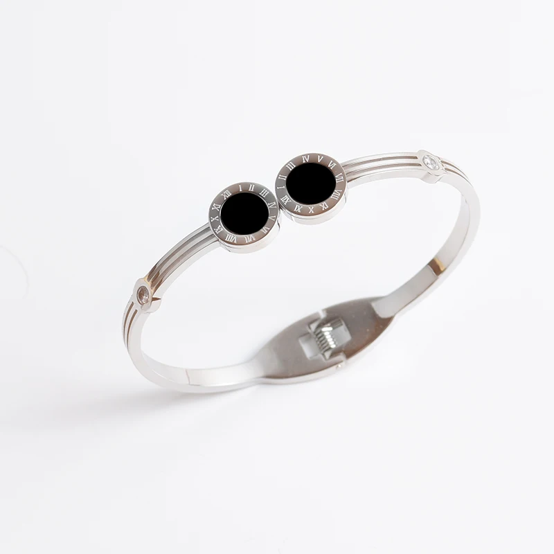 

Trendy Roman Numerals Design Stainless Steel Bangles Bracelets For Women Men Vintage Round Black Shell Bangle Jewelry Gifts