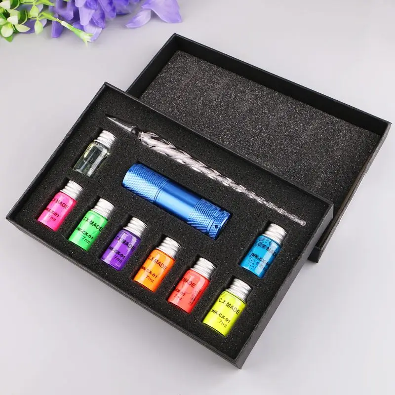 

10Pcs/Set Invisible Fluorescence Bottled Dip Signature Pen Ink With Glass Fountain Dip Writing Pen Art Supplies Gifts Q9QC
