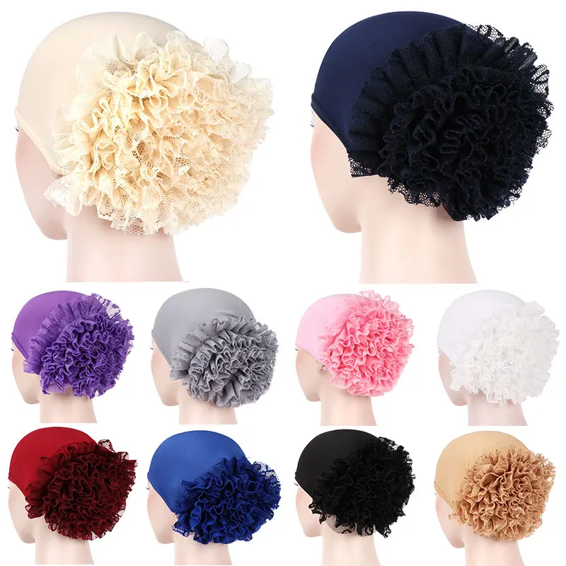 

Soft Women Muslim Turban Hat Elegant Lace Big Flower Women's Hijabs Headscarf Pile Heap Cap Hijab Caps Islamic Chemotherapy Hat