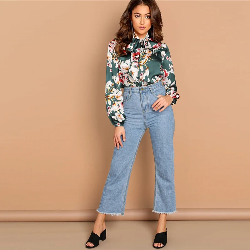 SHEIN Стильный Топ С Цветочным Принтом Женские Осенние Элегантные Блузки С Цветочным Принтом И Длинным Рукавом