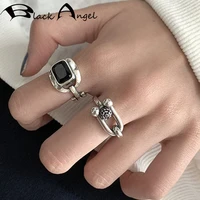 black angel vintage geometric rectangle 925 sterling silver hiphop rock rings for women new fashion creative party jewelry gifts