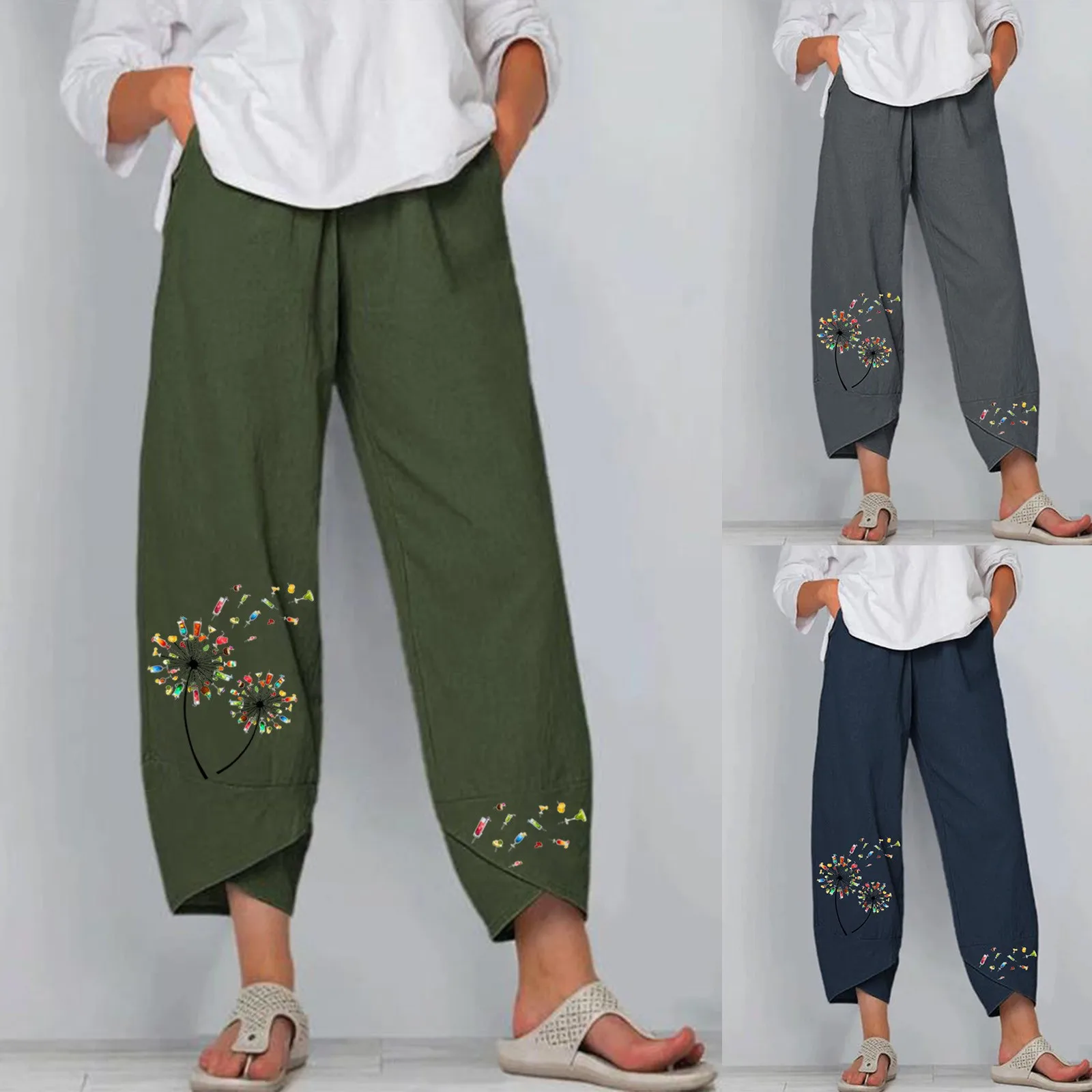 

Vintage Printed Harem Pants Women Trousers Casual Elastic Waist Cotton Linen Wide Leg Pants Loose Pantalon Summer Plus Size Pant