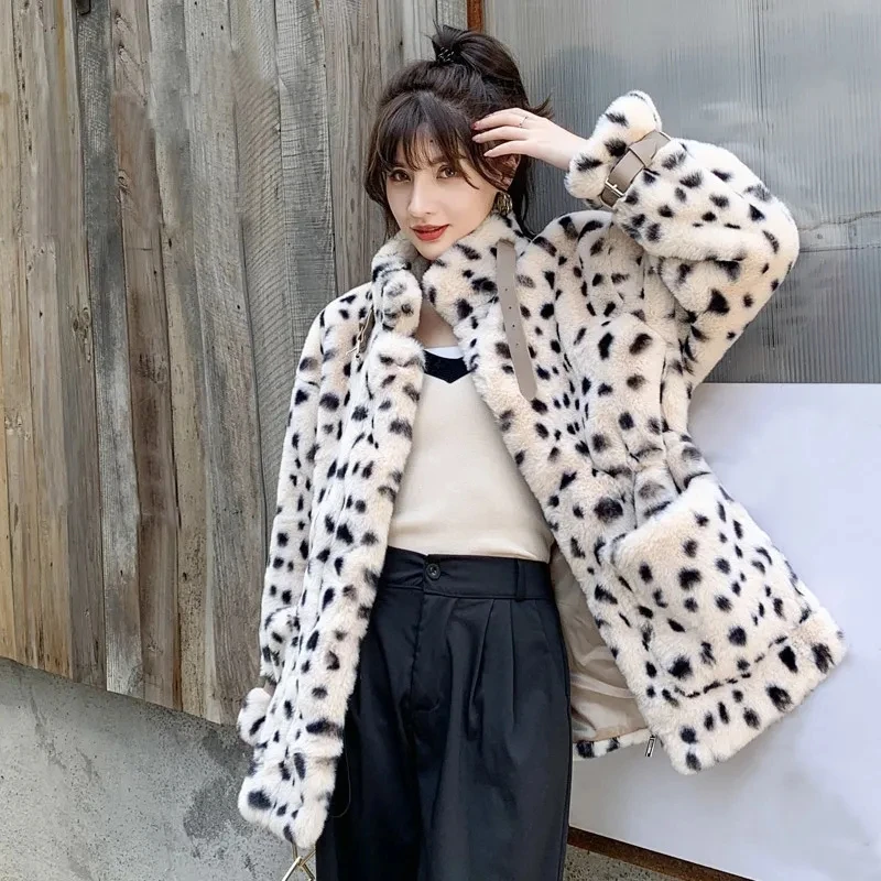 

Шуба женская из искусственного меха, с леопардовым принтом и воротником-стойкой