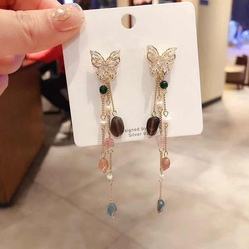Элегантные циркониевые серьги-бабочки из натурального камня золотые серьги