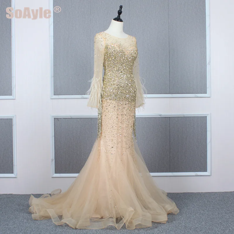 

SoAyle Evening Dress Mermaid Luxury Beaded High-end Dress O neck Evening Dresses Long Sleeves vestido de festa