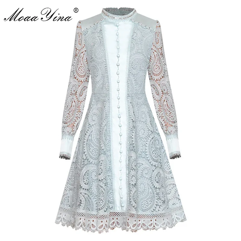 Женское платье с рукавами-фонариками MoaaYina подиумное однобортное ажурное