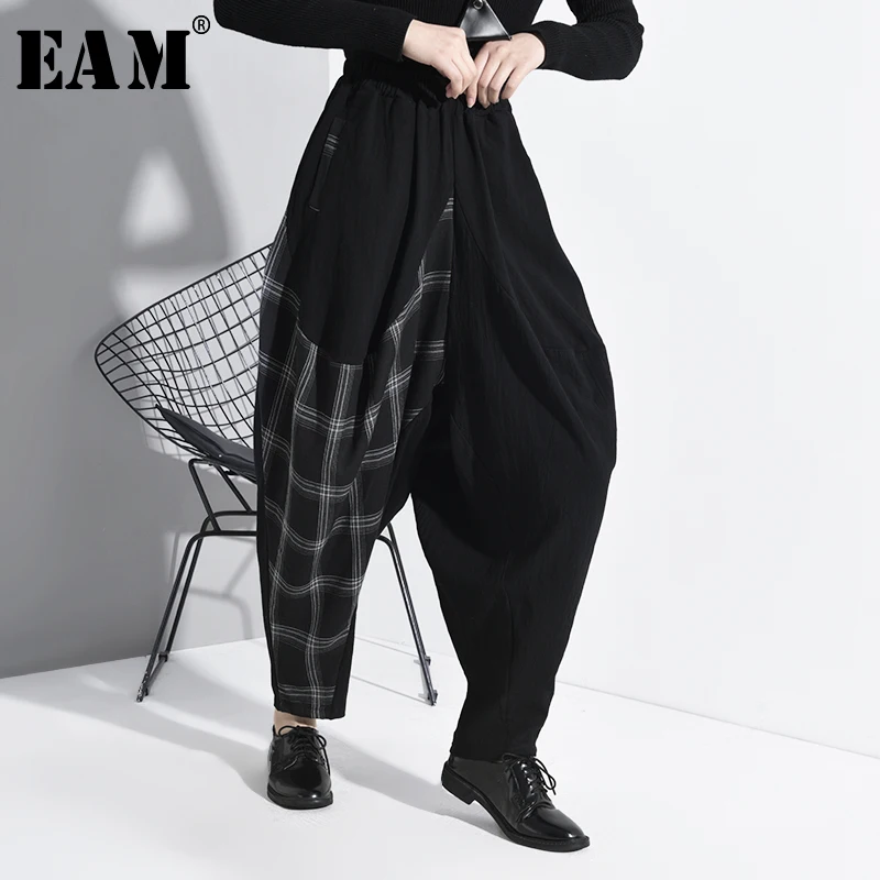 [EAM] черные клетчатые Длинные шаровары с высокой эластичной резинкой на талии