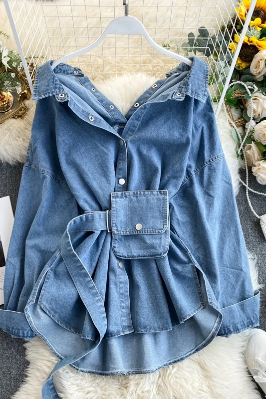 Spring Fashion Lapel Denim Shirt Womens Design Backless Straps Waist Was Thin and Fashionable Two Wear Jacket Tide Women Jackets | Женская
