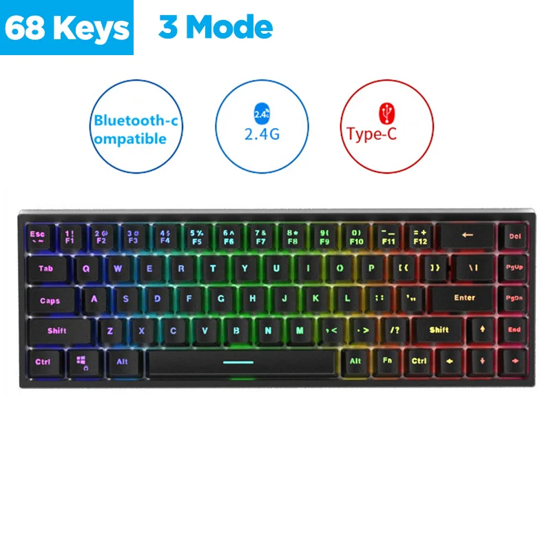 

68 key mechanical keyboard of video game console, RGB gateron blue backlight switch supporting Bluetooth / 2.4g/usb, PC game