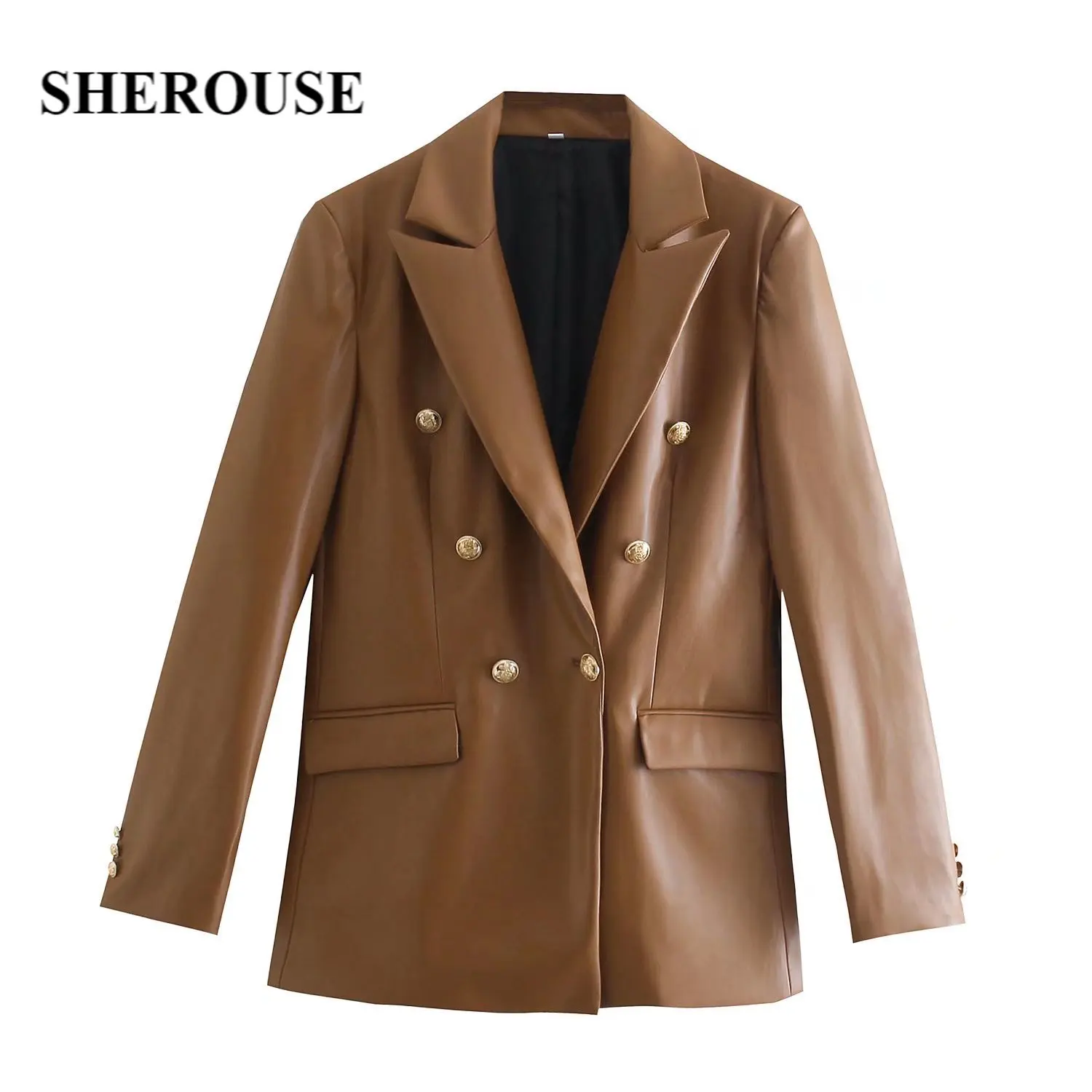 

Sherouse Women Fashion Faux Leather Blazer Lapel Collar Long Sleeves Front Pockets Double-breasted Vintage Woman Jacket