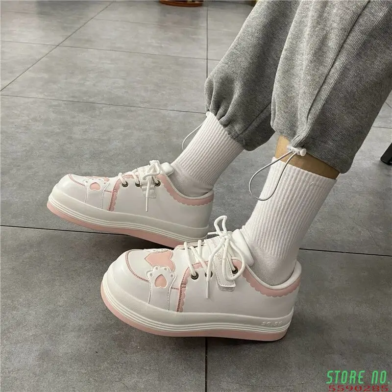 Kawaii Shoes Women Sneakers White Round Head Platform Causal  Sports Student Cute Pink Girl Lolita Fashion Flats 2021 Spring