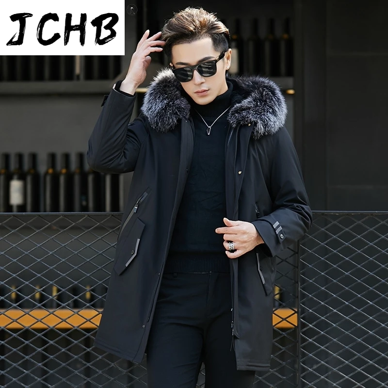 

Man JCHB Jacket Men Clothing -30 Warm Winter Parka Real Silver Fox Fur Collar 100% Rex Rabbit Fur Coat Chaqueta Hombre LXR969
