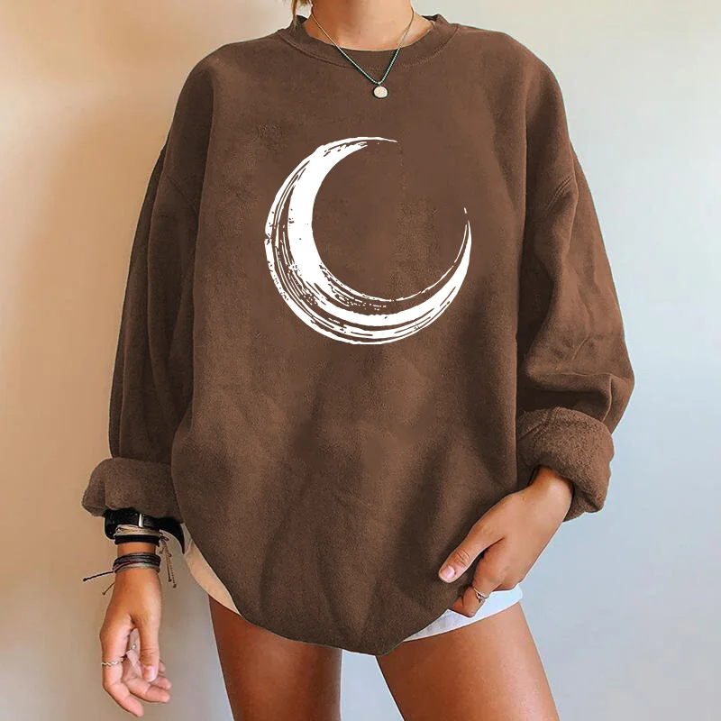 Moon Printed Women Sweatshirts Streetwear Crewneck Long Sleeve Drop Shoulder Loose Woman Sweatshirts Mulheres Sweetshirts