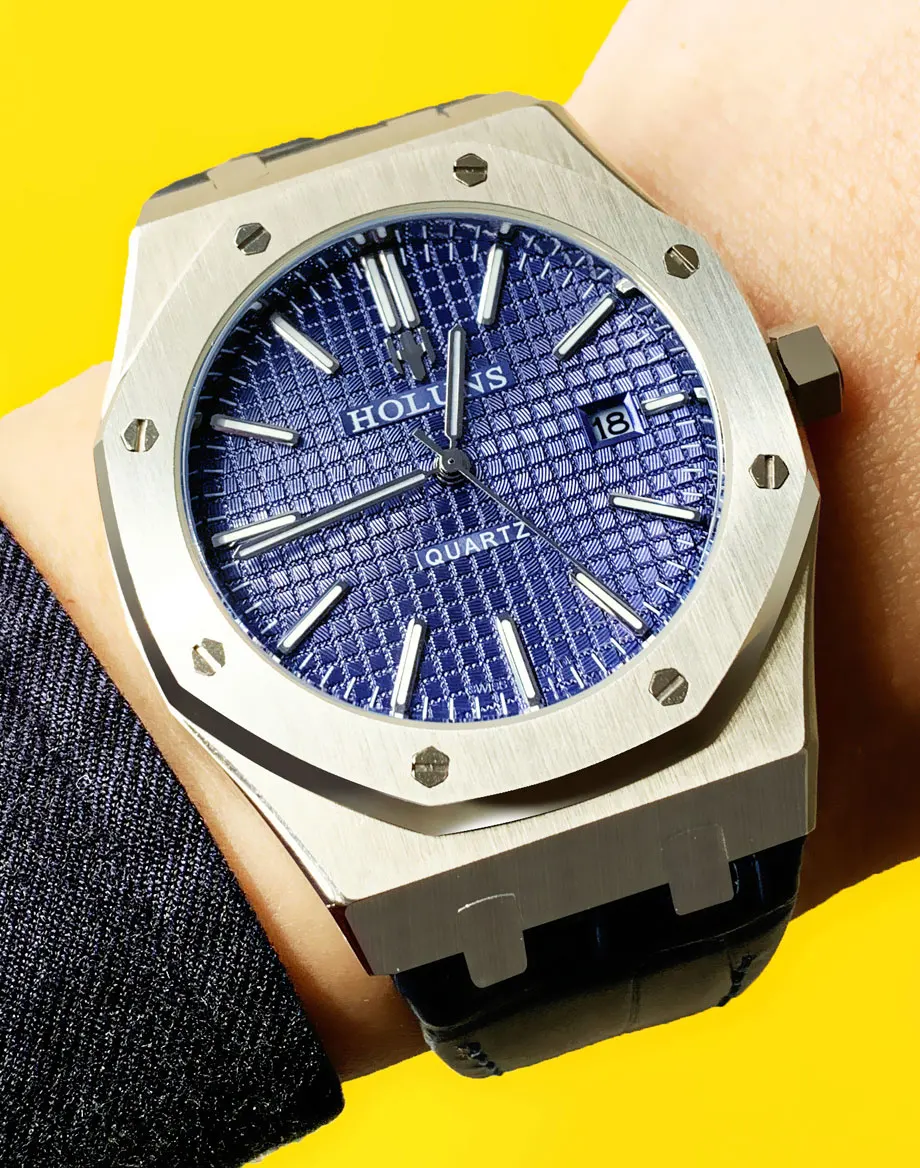 HOLUNS Лидирующий бренд Роскошные мужские часы кожаный календарь наручные