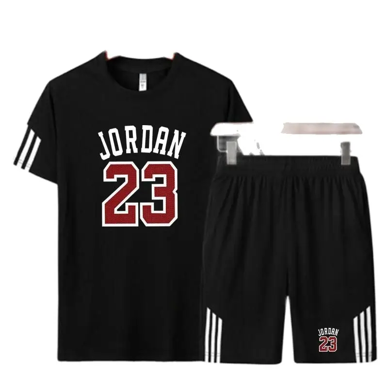 

New hot sale striped letter printed T-shirt sports suit couple quick-drying casual running wear summer short-sleeved shorts 2-pi